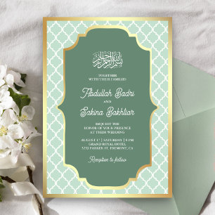 Convite Casamento Muçulmano com Padrão Quatrefoil em Verde
