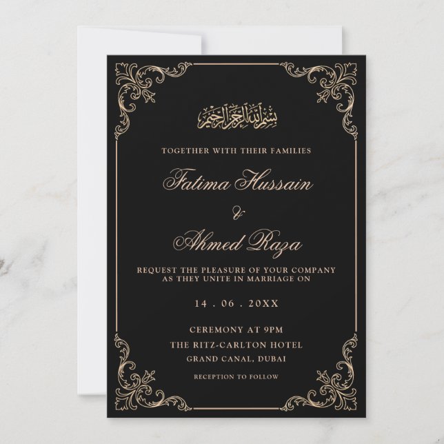 Convite Casamento Muçulmano com Script Romântico Black Vin (Frente)