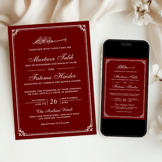 Convite Casamento Muçulmano da Borda Vermelha da Maroon (Criador carregado)