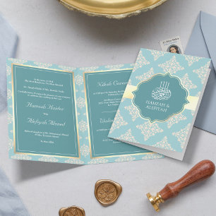 Convite Casamento Muçulmano Damasco Creme Azul Turquesa Pa