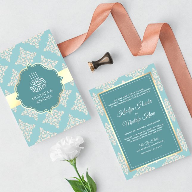 Convite Casamento Muçulmano Damasco Creme Azul Turquesa Pa (Criador carregado)