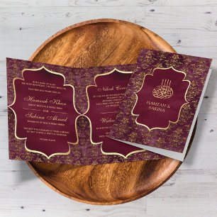 Convite Casamento Muçulmano Damasco Dourado Burgundy Rústi