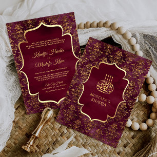 Convite Casamento Muçulmano Damasco Dourado Burgundy Rústi
