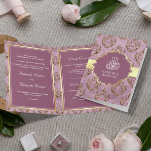 Convite Casamento Muçulmano Damasco Lavanda Ouro Rústico V