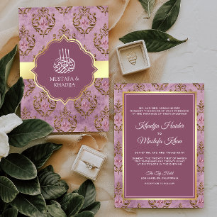Convite Casamento Muçulmano Damasco Lavanda Ouro Rústico V