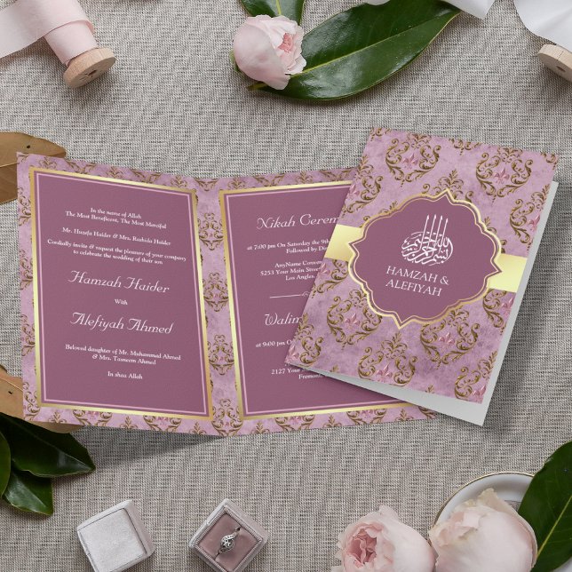 Convite Casamento Muçulmano Damasco Lavanda Ouro Rústico V (Criador carregado)