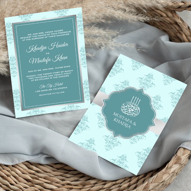Convite Casamento Muçulmano Damasco Pastel Prata Rústico (Criador carregado)