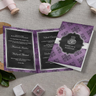 Convite Casamento Muçulmano Damasco Preto Roxo Prata Rústi