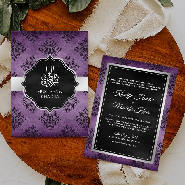 Convite Casamento Muçulmano Damasco Preto Roxo Prata Rústi (Criador carregado)
