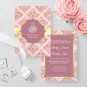 Convite Casamento Muçulmano Damasco Rosa Bege Rústico Dour