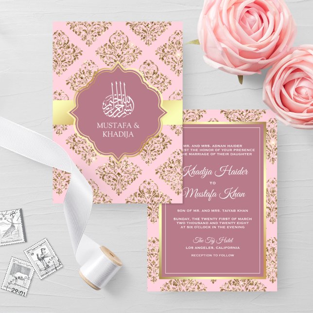 Convite Casamento Muçulmano Damasco Rosa Bege Rústico Dour (Criador carregado)