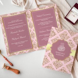 Convite Casamento Muçulmano Damasco Rosa Bege Rústico Dour