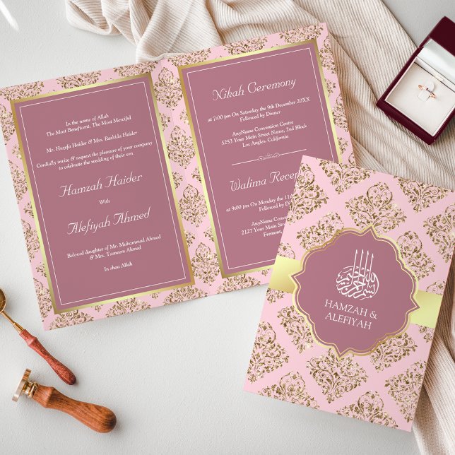 Convite Casamento Muçulmano Damasco Rosa Bege Rústico Dour (Criador carregado)