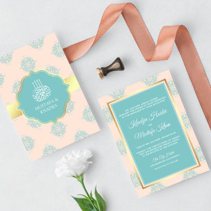 Convite Casamento Muçulmano Damasco Rustico Pastel Pêssego