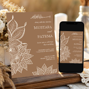 Convite Casamento Muçulmano de Beige Cream Mehndi Henna