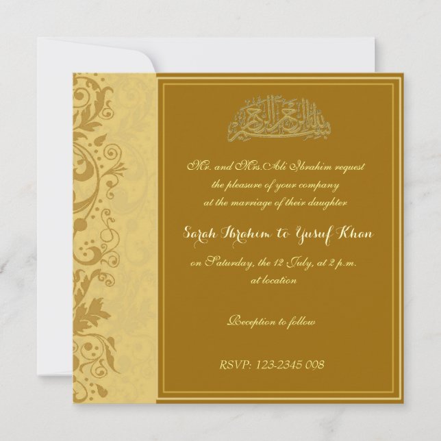 Convite Casamento muçulmano de brocado Dourado (Frente)