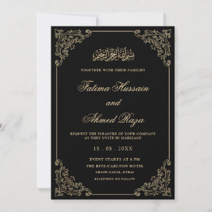 Convite Casamento Muçulmano de Escrita Dourada Negra Elega