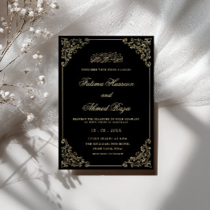 Convite Casamento Muçulmano de Escrita Dourada Negra Elega