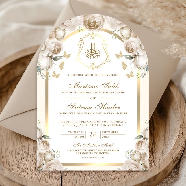 Convite Casamento Muçulmano de Ivory Cream Floral Dourada  (Criador carregado)