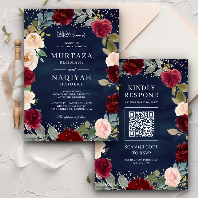 Convite Casamento Muçulmano de Marinho de Código QR Floral (Criador carregado)