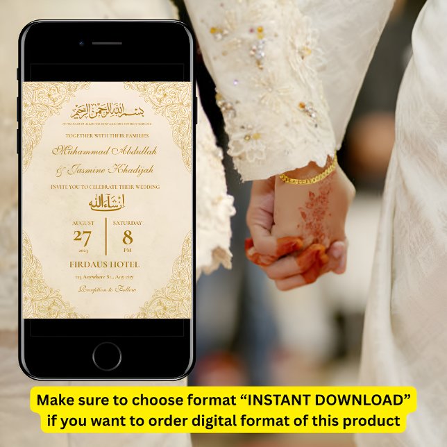 Convite Casamento Muçulmano de Nikah, Frame Dourado do Orn (Criador carregado)