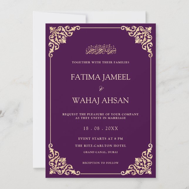 Convite Casamento Muçulmano de Script Dourado Roxo Elegant (Frente)