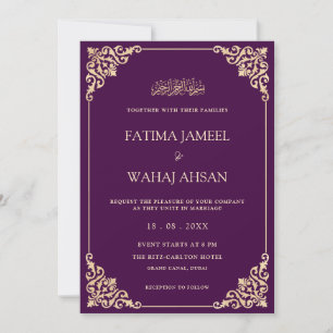 Convite Casamento Muçulmano de Script Dourado Roxo Elegant
