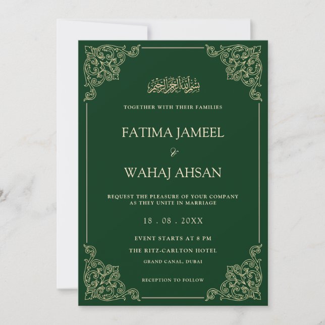 Convite Casamento Muçulmano de Script Dourado Verde Elegan (Frente)