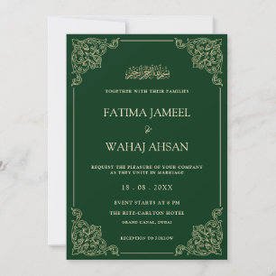 Convite Casamento Muçulmano de Script Dourado Verde Elegan