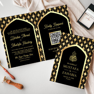 Convite Casamento Muçulmano do Código QR com Ouros Dourado