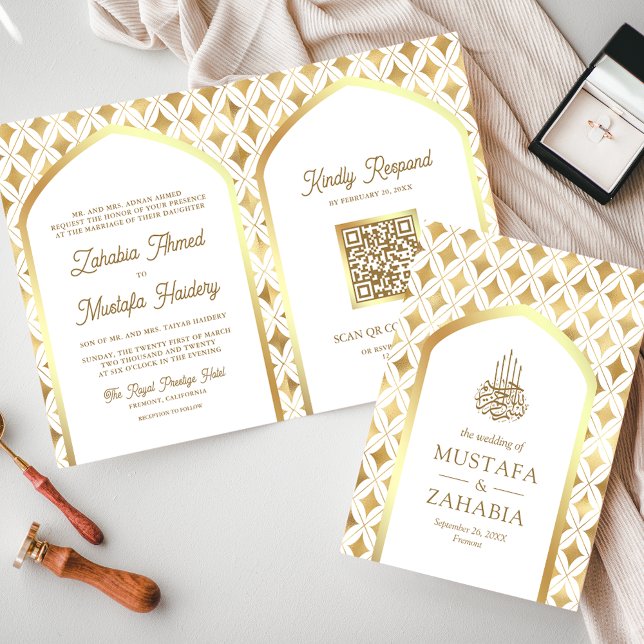 Convite Casamento Muçulmano do Código QR com Ouros Dourado (Criador carregado)