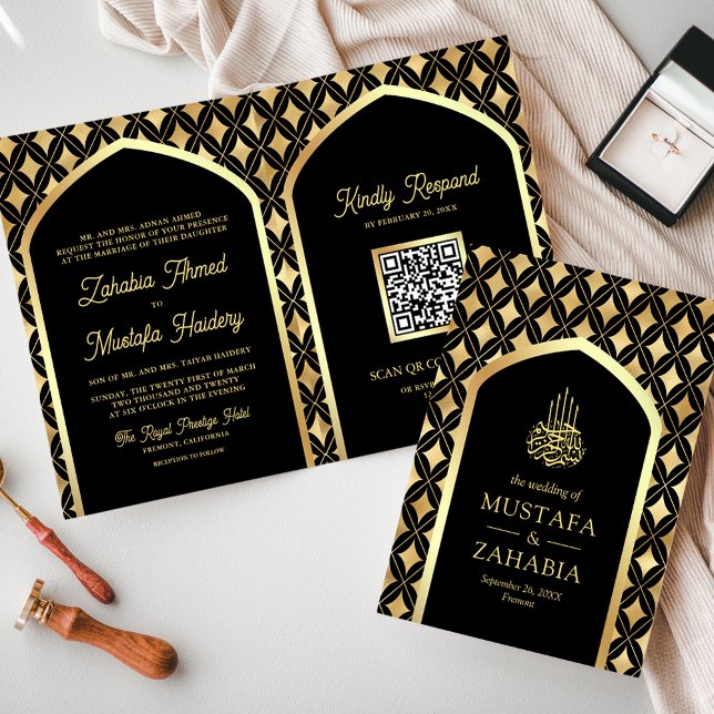 Convite Casamento Muçulmano do Código QR com Ouros Dourado (Criador carregado)