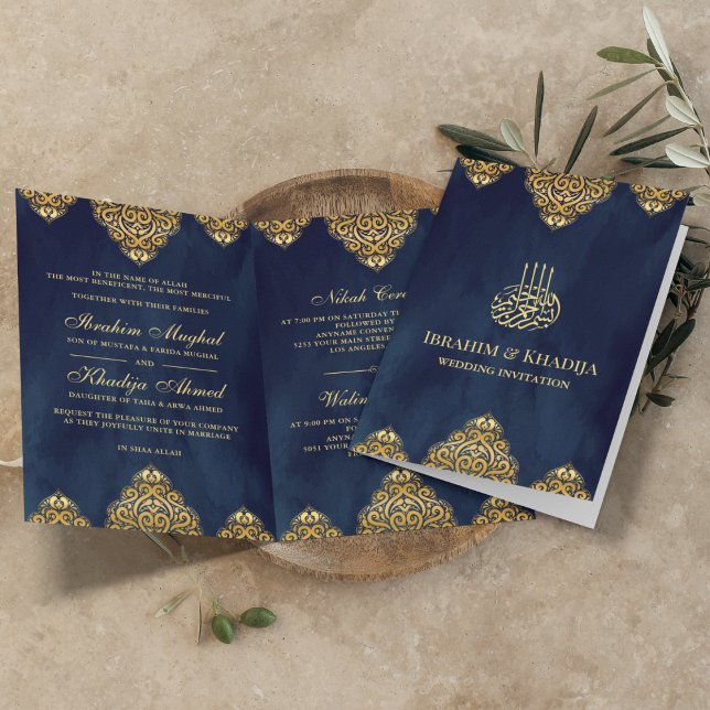 Convite Casamento Muçulmano do Motif Dourado marinho Azul (Criador carregado)