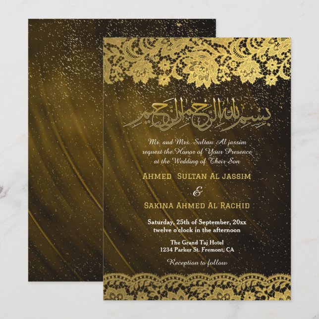 Convite Casamento Muçulmano Dourado Lace (Frente/Verso)