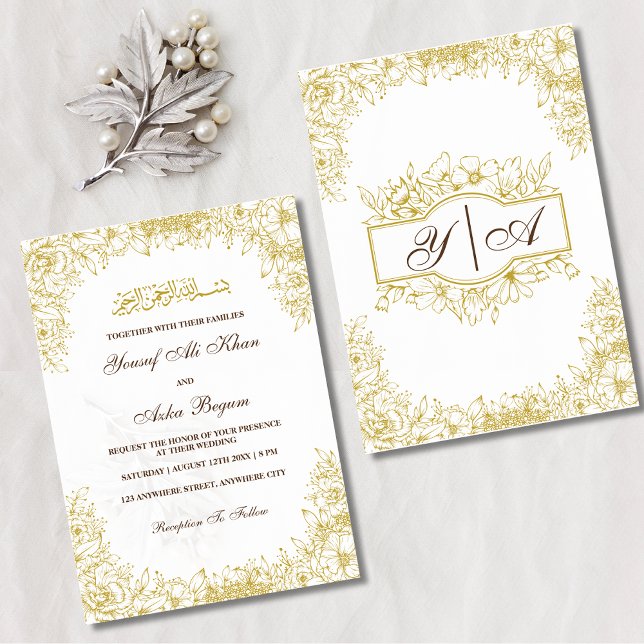 Convite Casamento Muçulmano Dourado Ornamentado Branco com (Floral Frame Gold White Ornate Muslim Wedding Invitation)