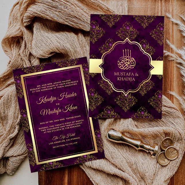 Convite Casamento Muçulmano Dourado Roxo Roxo Vintage (Criador carregado)