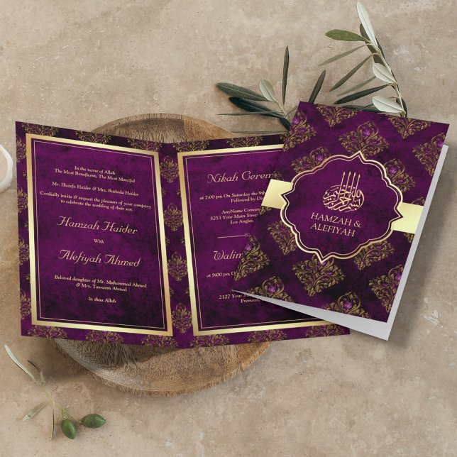 Convite Casamento Muçulmano Dourado Roxo Roxo Vintage (Criador carregado)