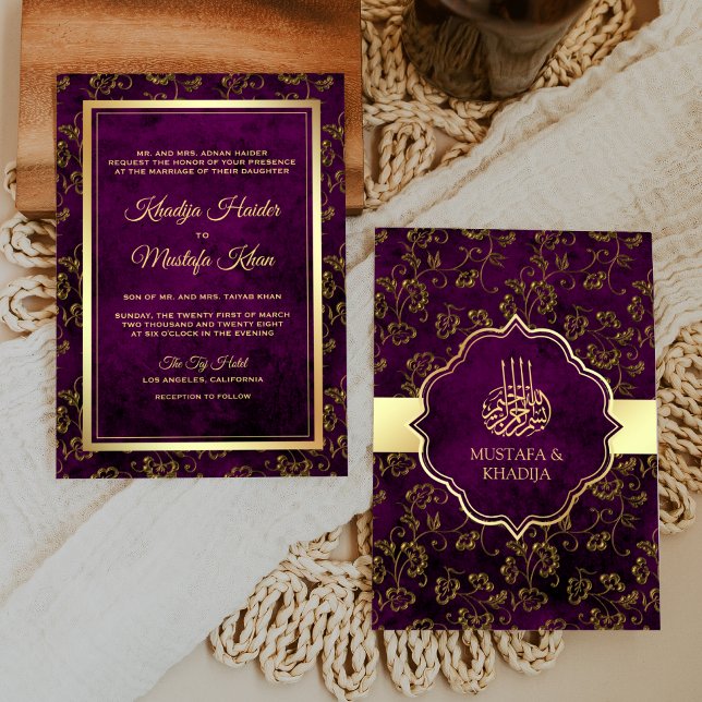 Convite Casamento Muçulmano Dourado Roxo Rústico Vintage c (Criador carregado)