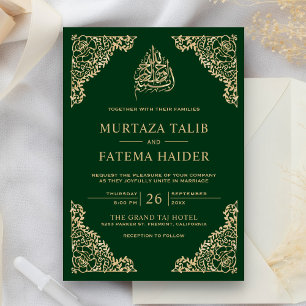Convite Casamento Muçulmano Dourado Verde com Ornamentado