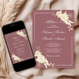 Convite Casamento Muçulmano Dusty Rosa Cream Floral Branch