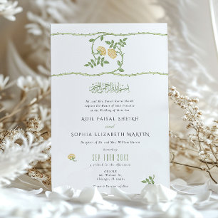 Convite Casamento Muçulmano Elegante Amarelo Dourado com F