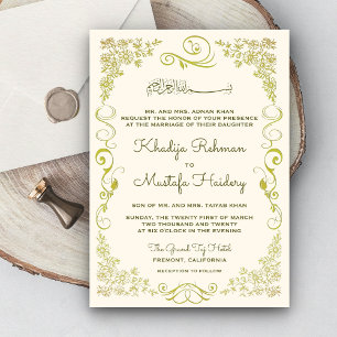 Convite Casamento Muçulmano Elegante Creme e Verde Oliva