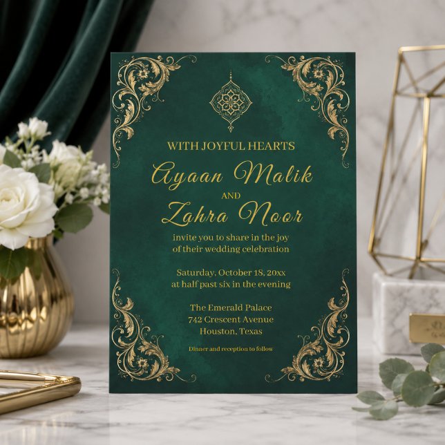 Convite Casamento Muçulmano em Ouro Verde Esmeralda (Criador carregado)