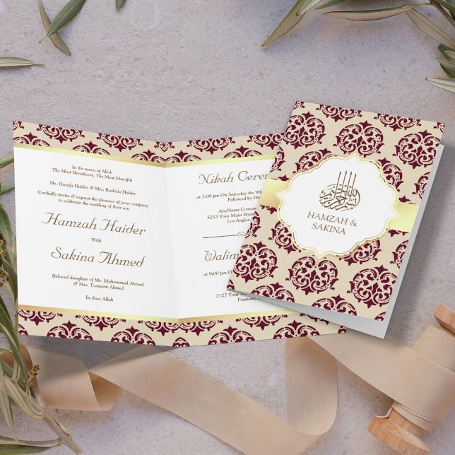Convite Casamento Muçulmano Faux Gold Foil Burgundy Red Da (Criador carregado)