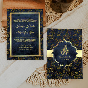 Convite Casamento Muçulmano Filigrana Azul Naval Dourado R