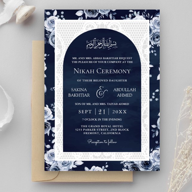 Convite Casamento Muçulmano Floral Azul Marinho com Renda  (Criador carregado)