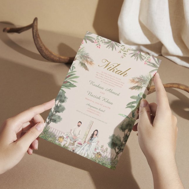 Convite Casamento muçulmano floral rosa e verde (Criador carregado)