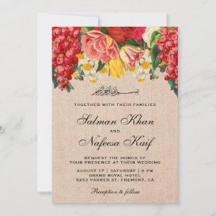 Convite Casamento Muçulmano Floral Rústico em Lona