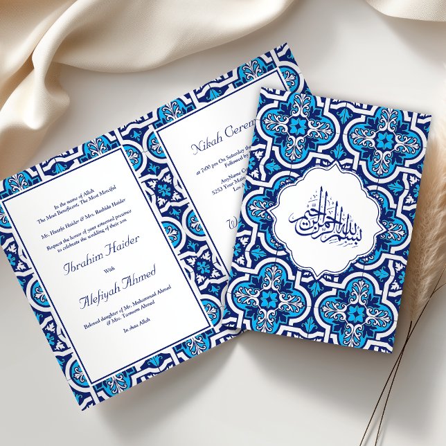 Convite Casamento Muçulmano Islâmico Azul e Branco com Ara (Criador carregado)