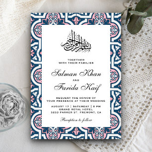 Convite Casamento Muçulmano Islâmico Azul e Rosa Arabesco